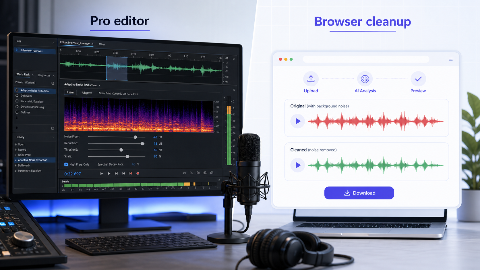 Adobe Audition editing workflow compared with CleanAudio browser cleanup preview