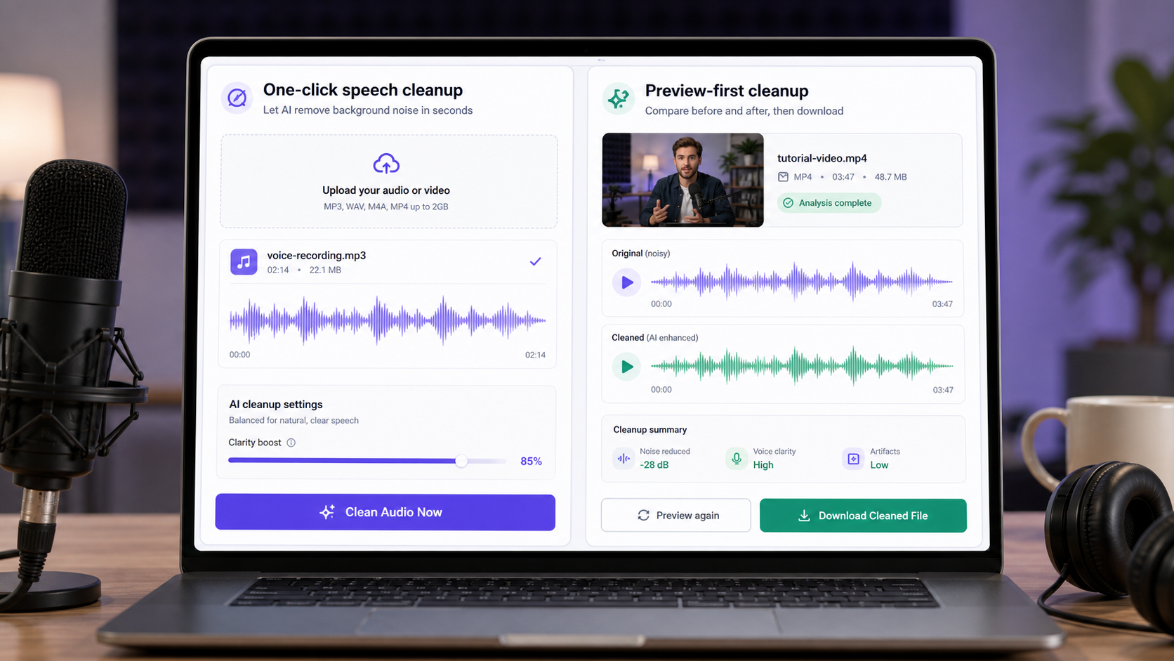 One-click speech cleanup compared with preview-first recorded audio cleanup