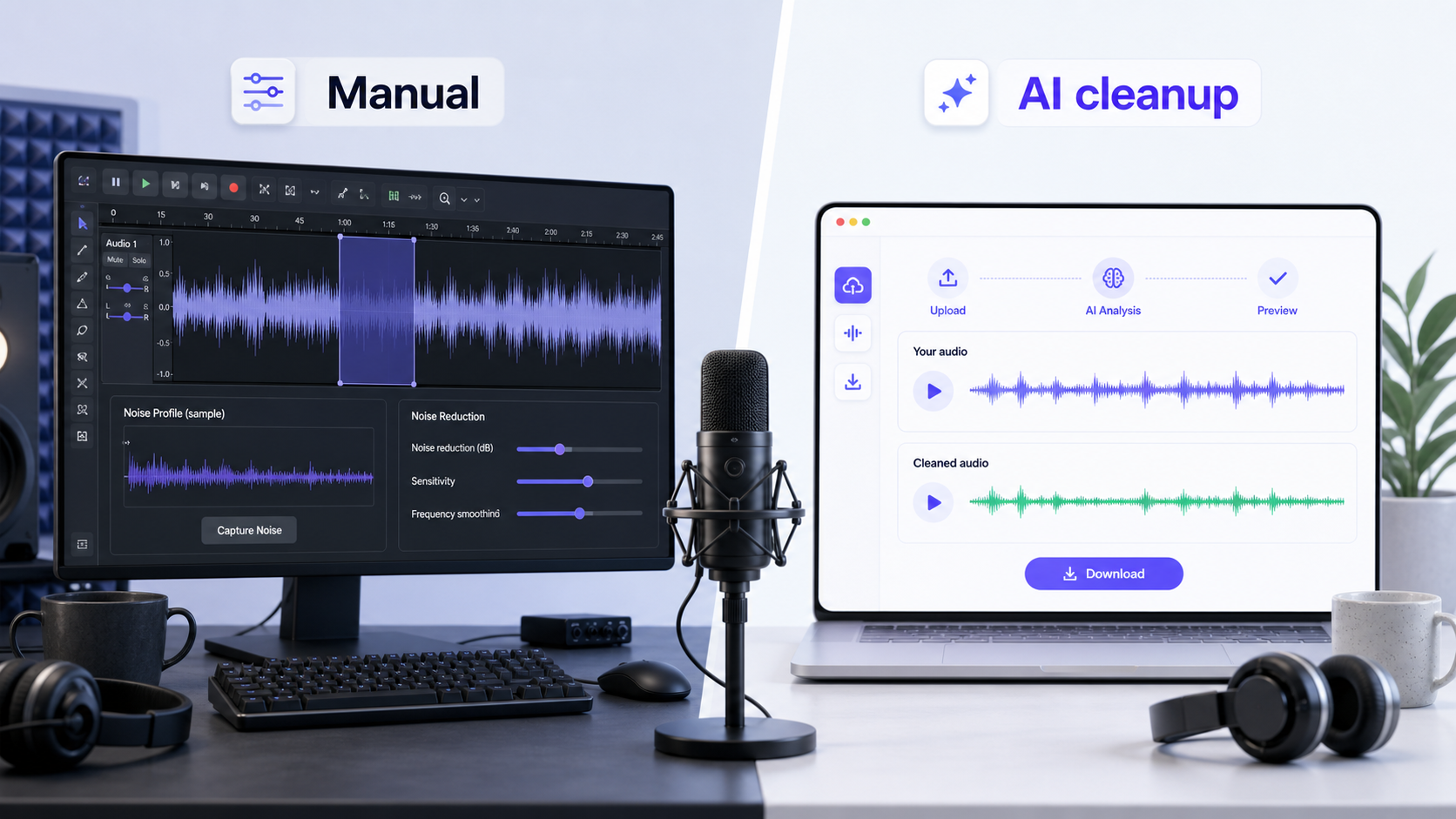 Manual Audacity noise profile workflow compared with CleanAudio AI cleanup preview