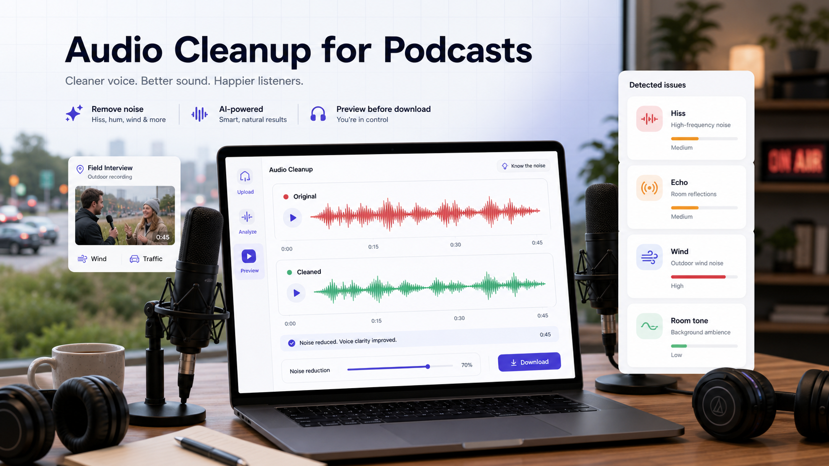 Podcast audio cleanup workflow showing noisy voice, echo, hiss, room tone, and a cleaner preview