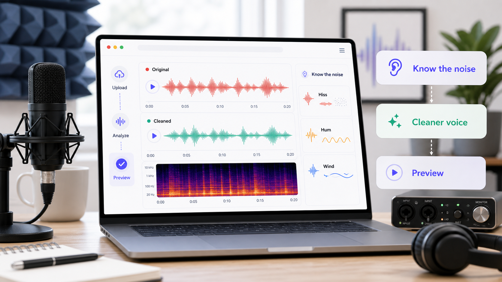 Creator workspace with CleanAudio-style preview showing noisy audio becoming a cleaner voice