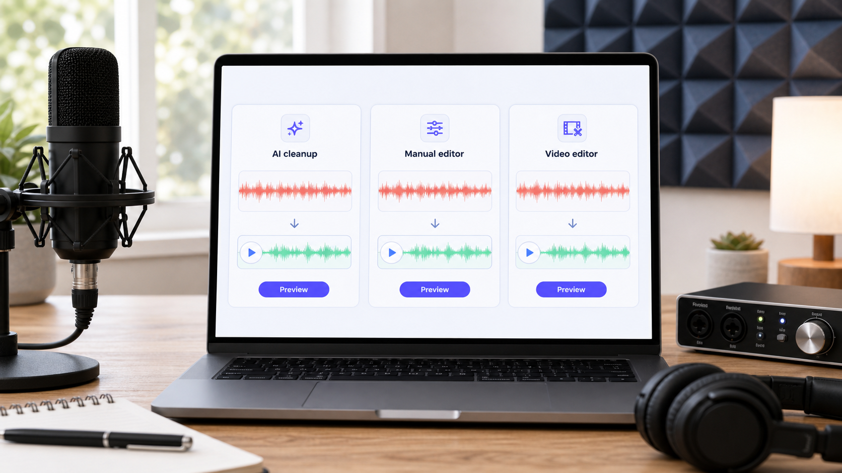 Free background noise remover comparison workspace with AI cleanup and manual editor options