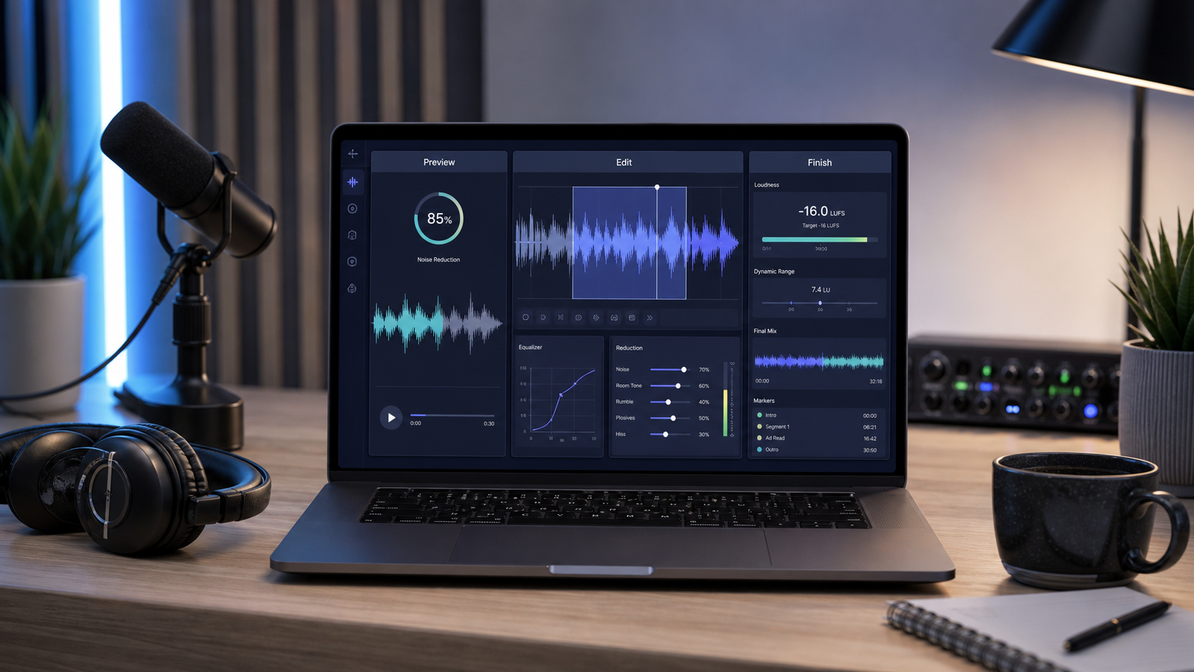 Podcast workstation showing preview, manual edit, and finishing workflows