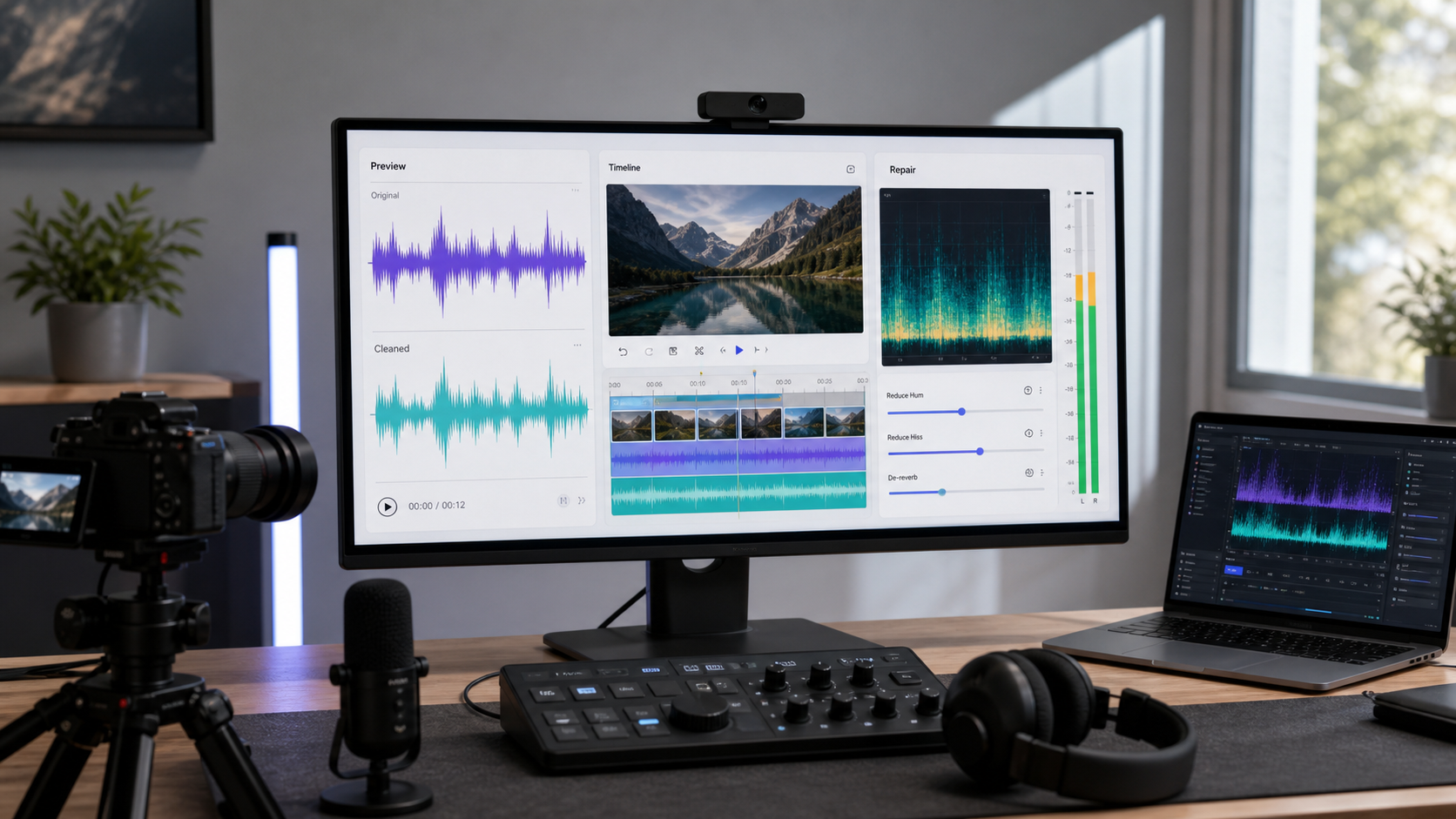Video creator workstation comparing preview, timeline, and detailed repair workflows