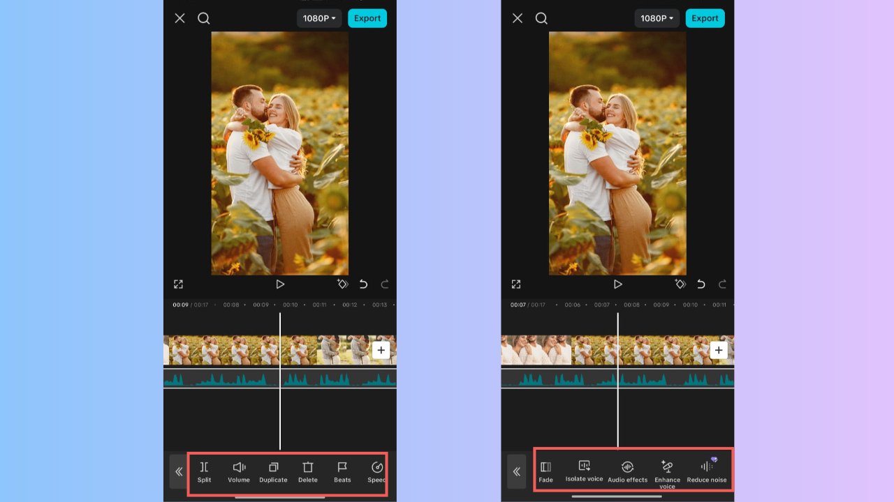 CapCut Mobile audio tools showing Reduce noise