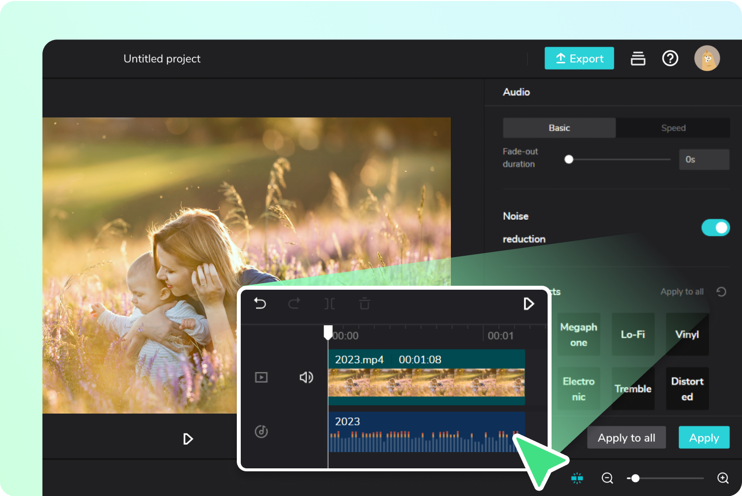 CapCut editor with the Audio panel open and Noise reduction enabled