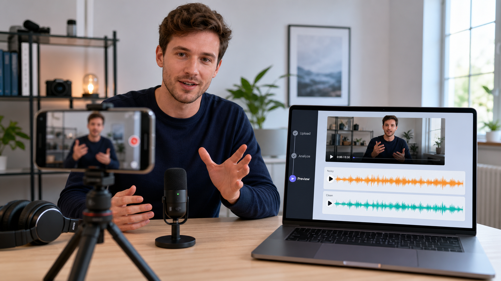 Android video creator reviewing original and cleaned audio in a browser workflow