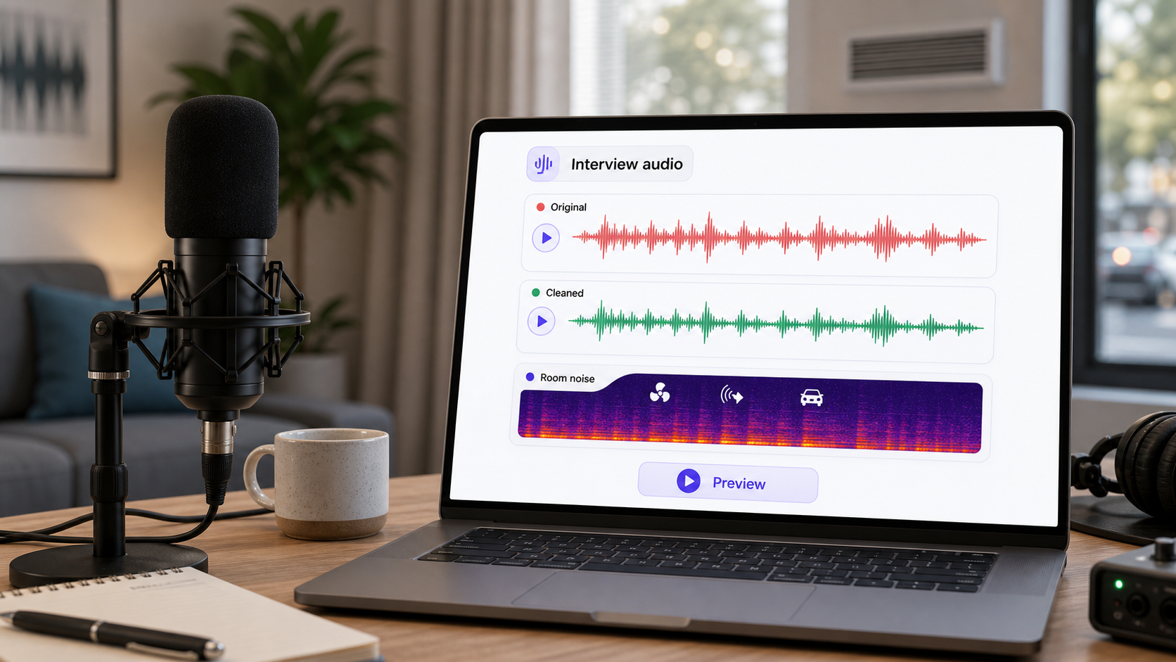 Interview audio cleanup workflow showing a noisy room recording becoming clearer speech