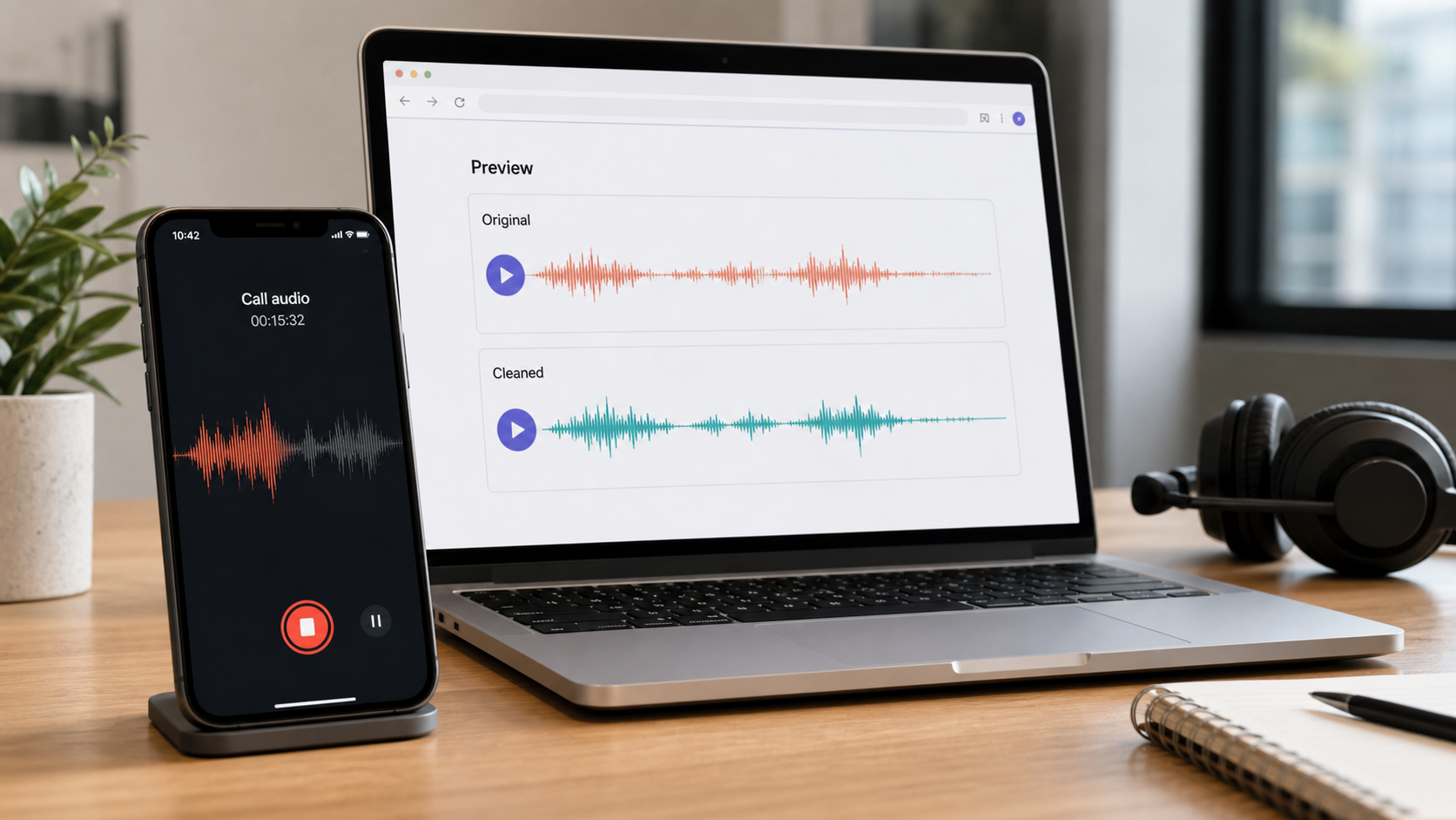 Phone call audio recording with original and cleaned waveform preview on a laptop