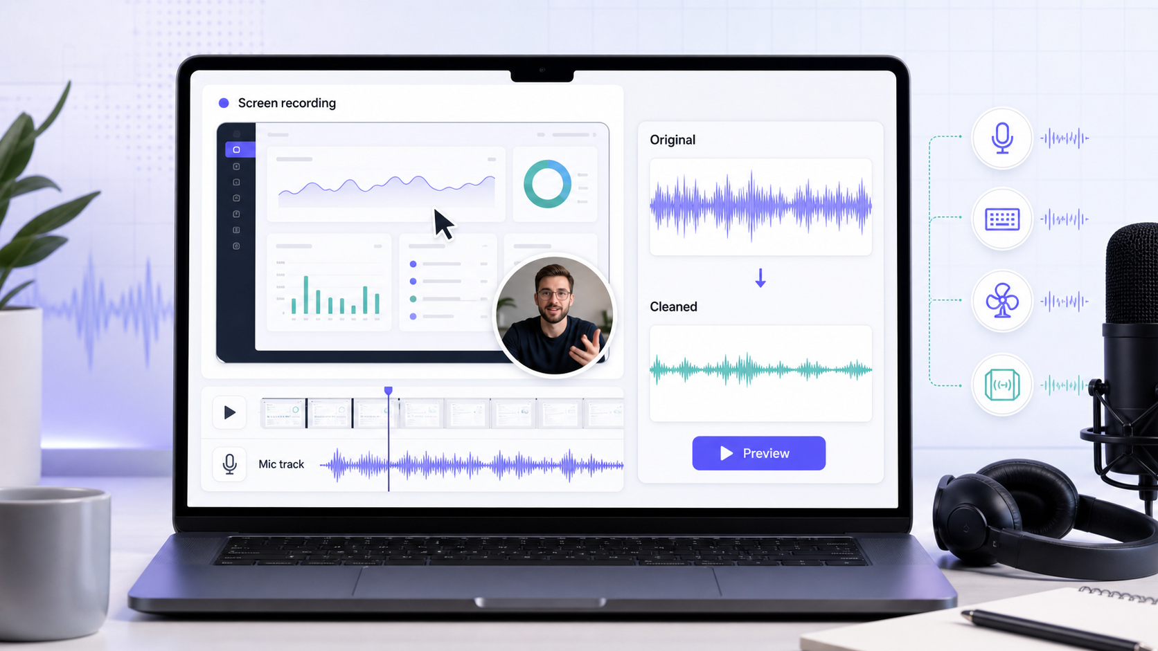 Screen recording timeline with microphone track and cleaned audio preview