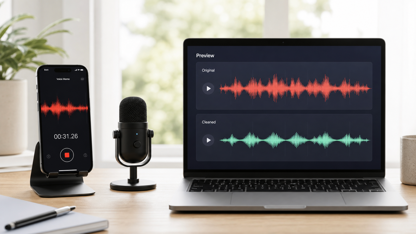 Voice memo recording on a phone with original and cleaned audio preview on a laptop
