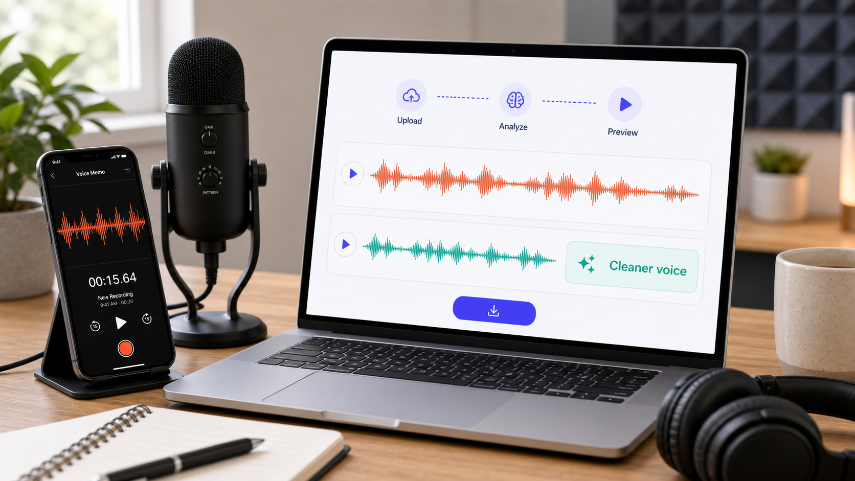 Online voice recording cleanup workflow showing upload analysis preview and cleaner voice