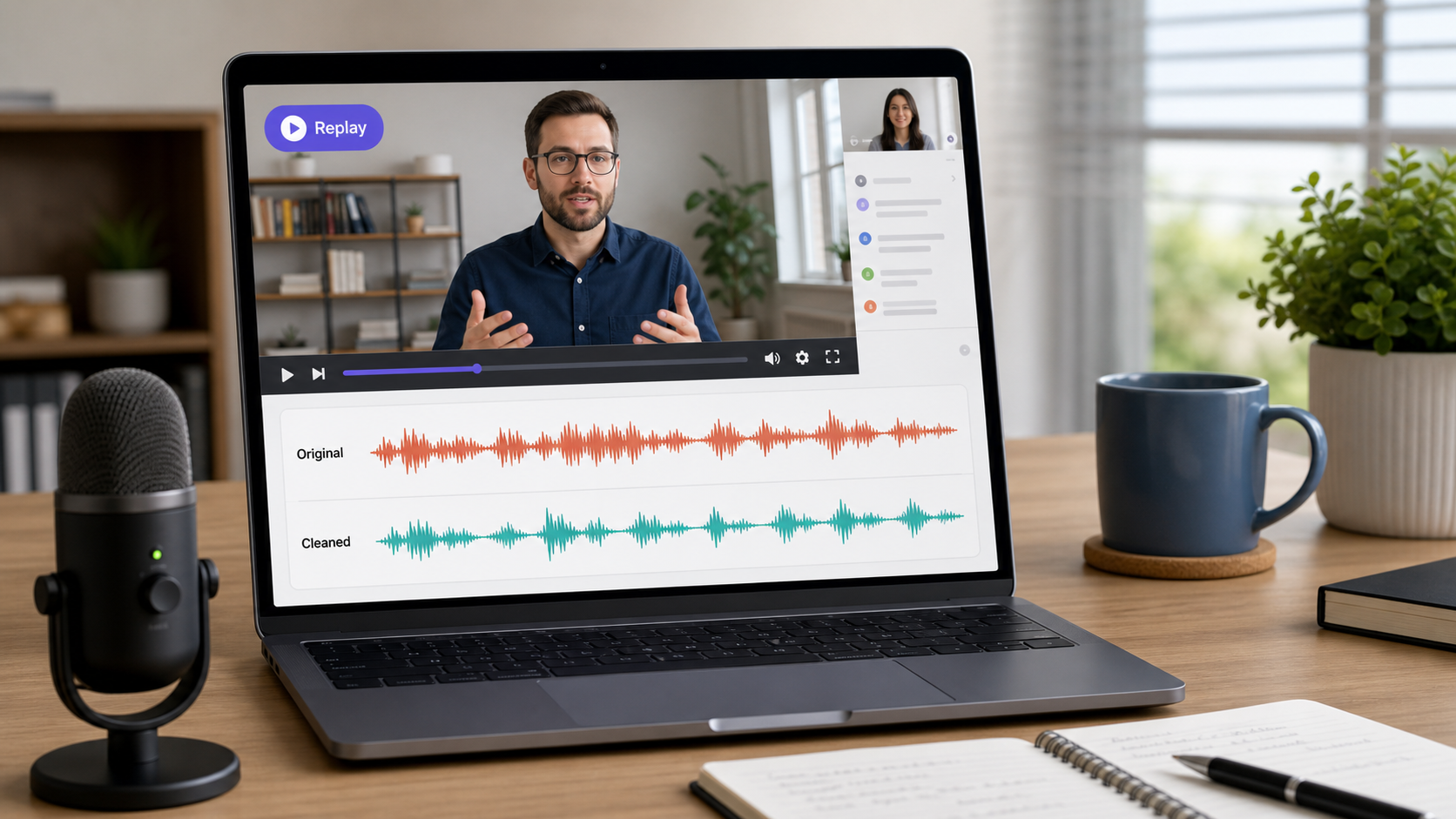 Webinar replay interface with original and cleaned audio waveform preview