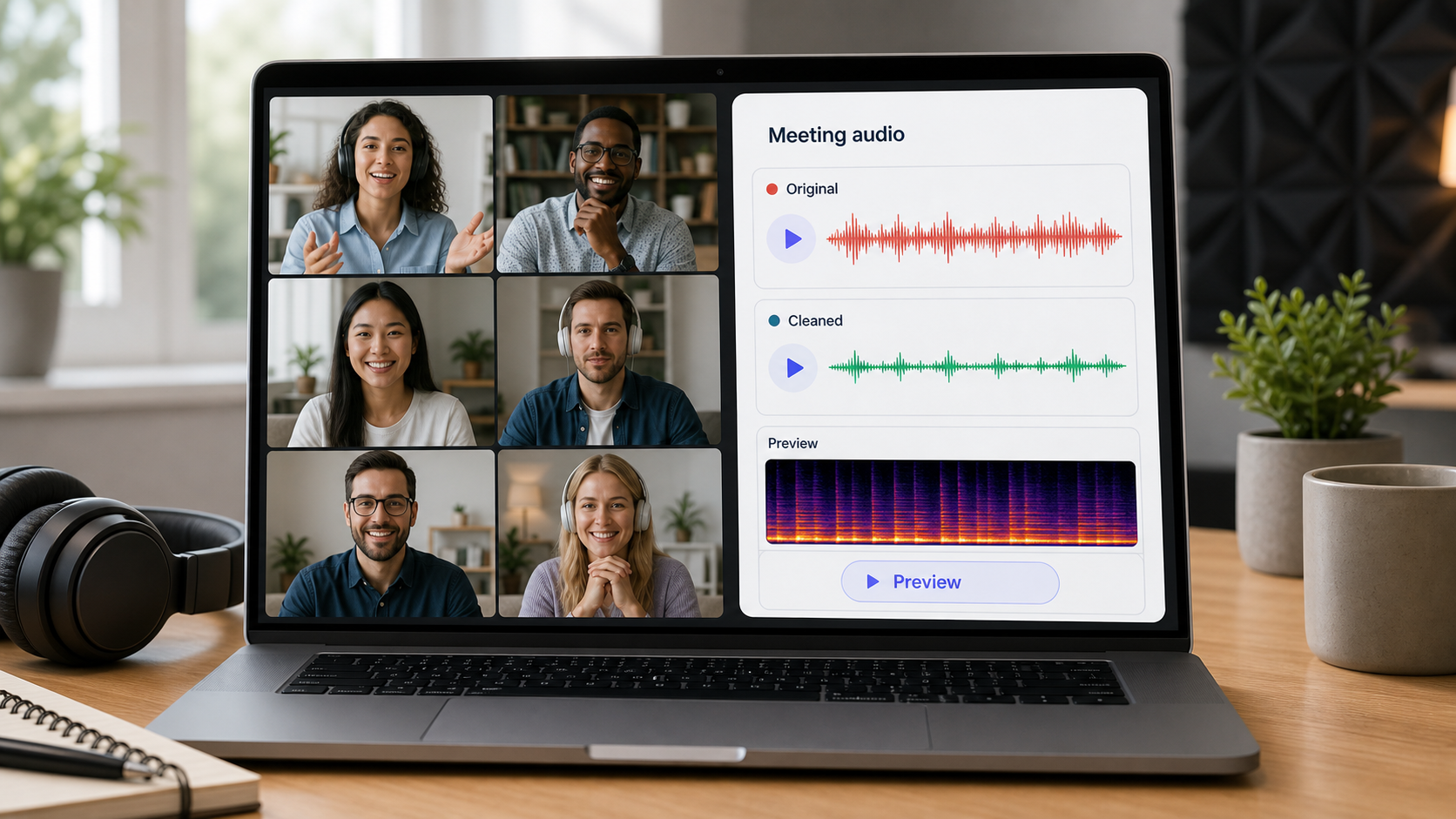 Remote meeting audio cleanup workflow showing noisy call audio becoming clearer speech