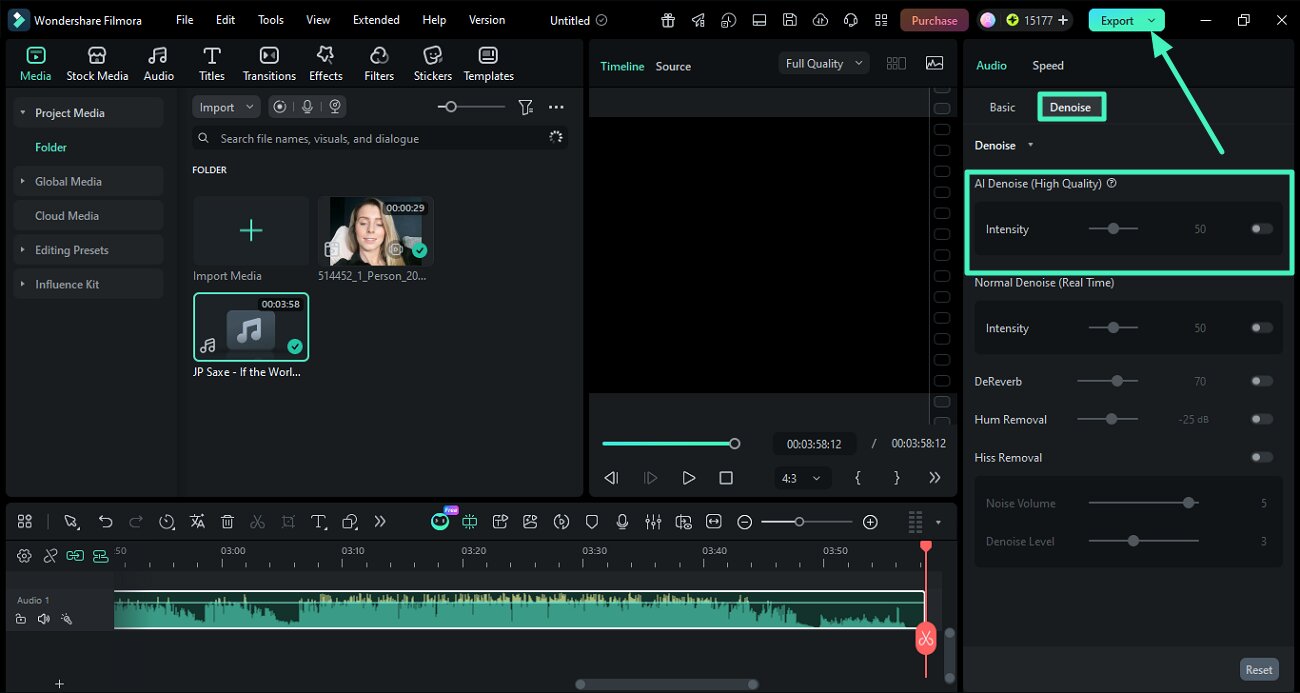 Official Filmora guide screenshot showing the Denoise panel and audio cleanup controls