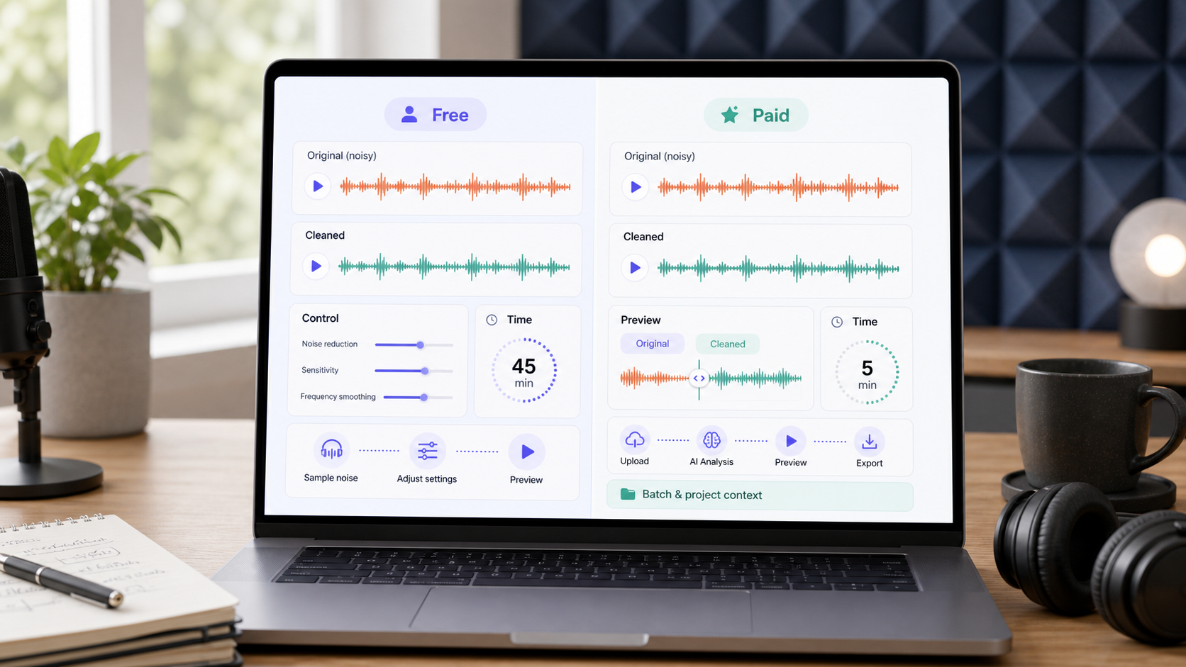 Free and paid noise removal workflow comparison with preview and control options