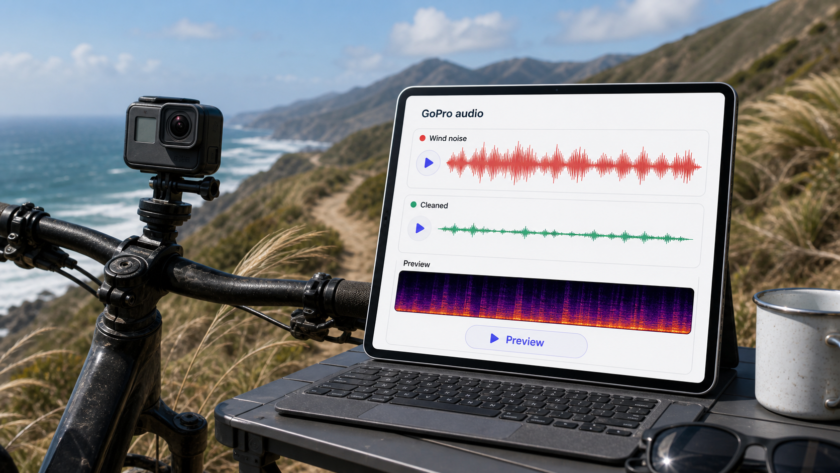 GoPro wind noise cleanup workflow showing outdoor action footage becoming clearer speech
