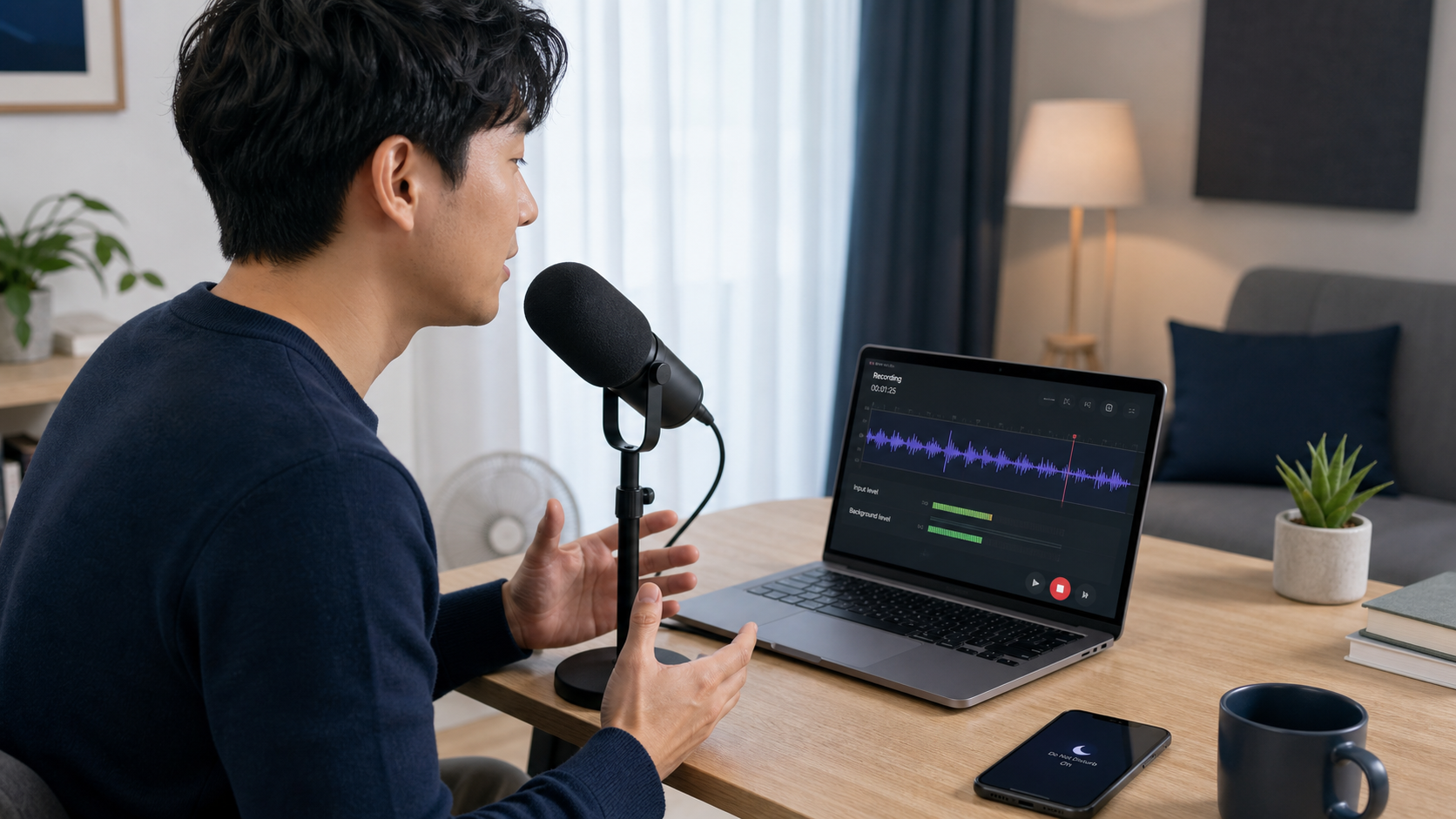 Creator recording close to a microphone in a quiet furnished room