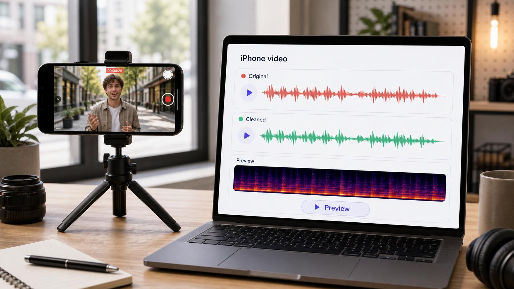 iPhone video audio cleanup workflow showing noisy mobile footage becoming clearer speech