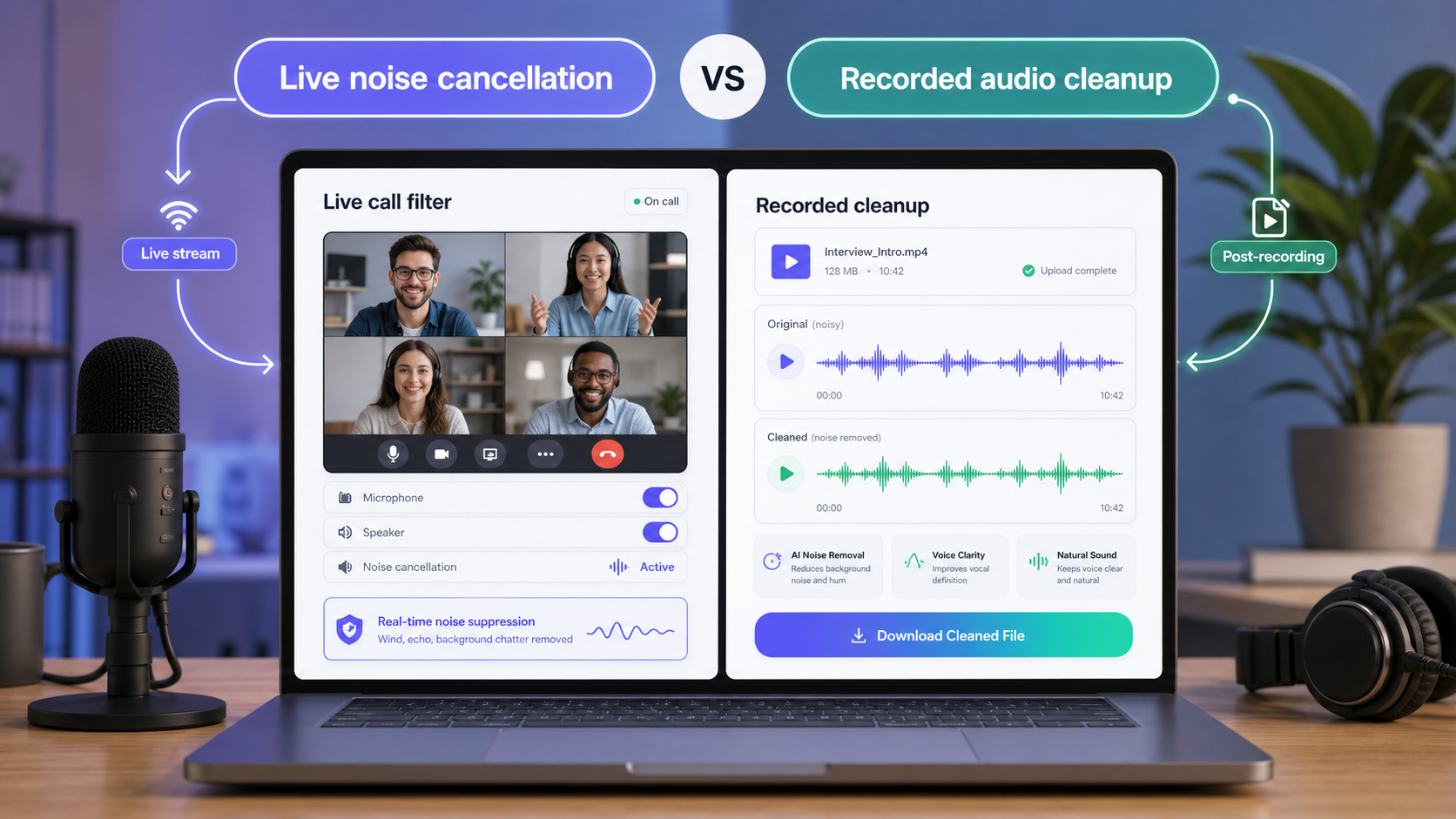 Live call noise cancellation compared with recorded audio cleanup preview