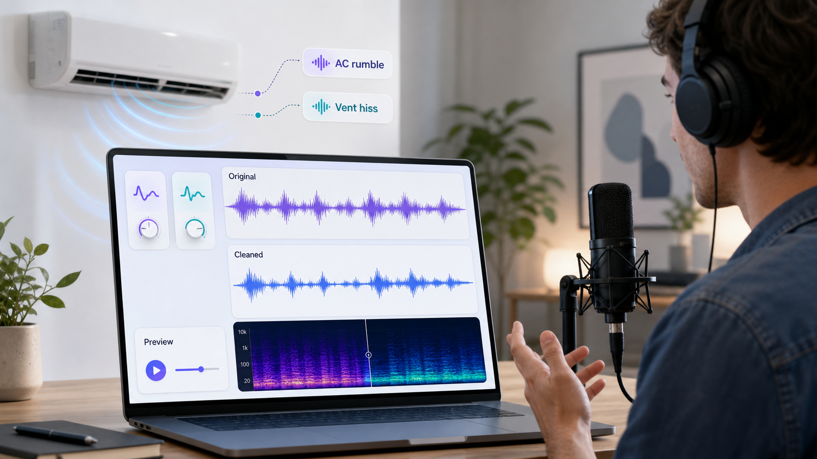 Indoor recording setup with AC rumble and vent hiss cleanup preview