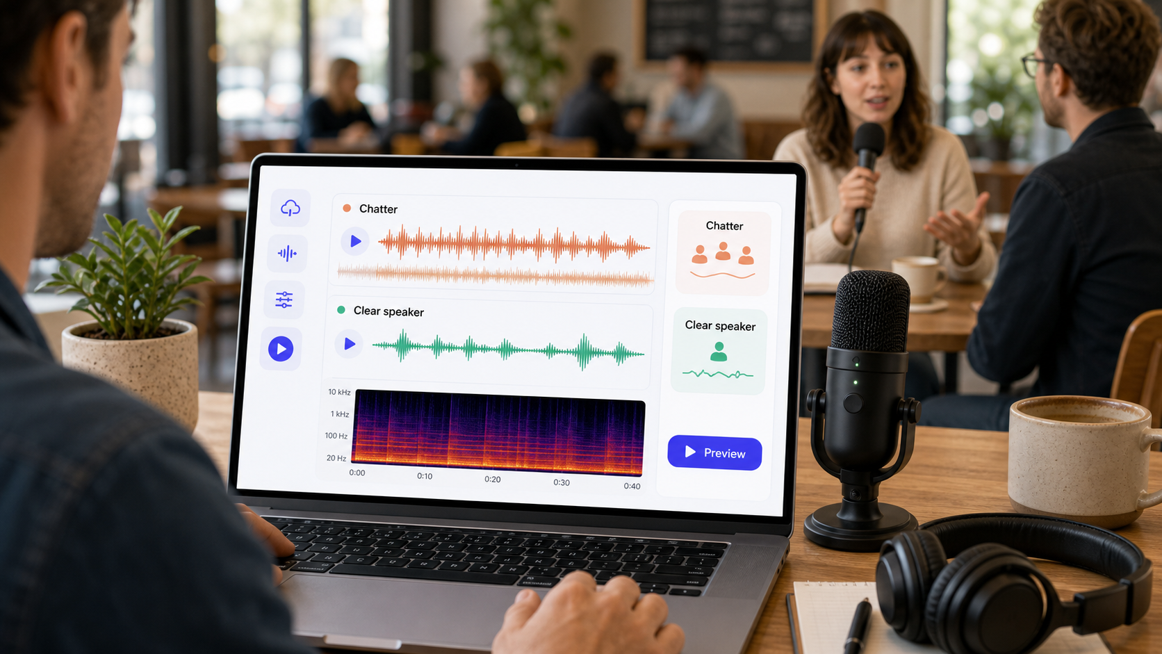 Background chatter cleanup preview showing cafe interview dialogue becoming clearer