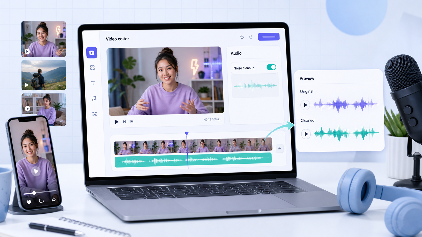 Browser video editor with audio cleanup toggle and original versus cleaned waveform preview