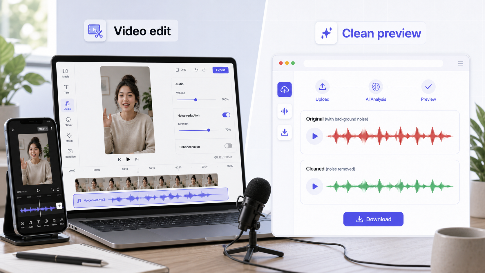 Short video editor noise reduction workflow compared with CleanAudio clean preview
