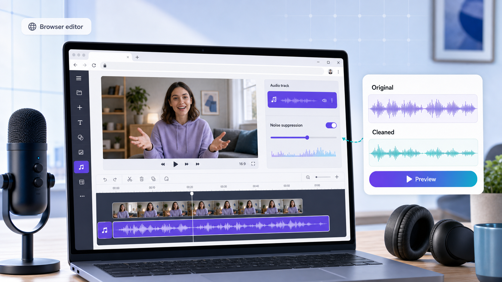 Browser video editor with noise suppression control and original versus cleaned audio preview