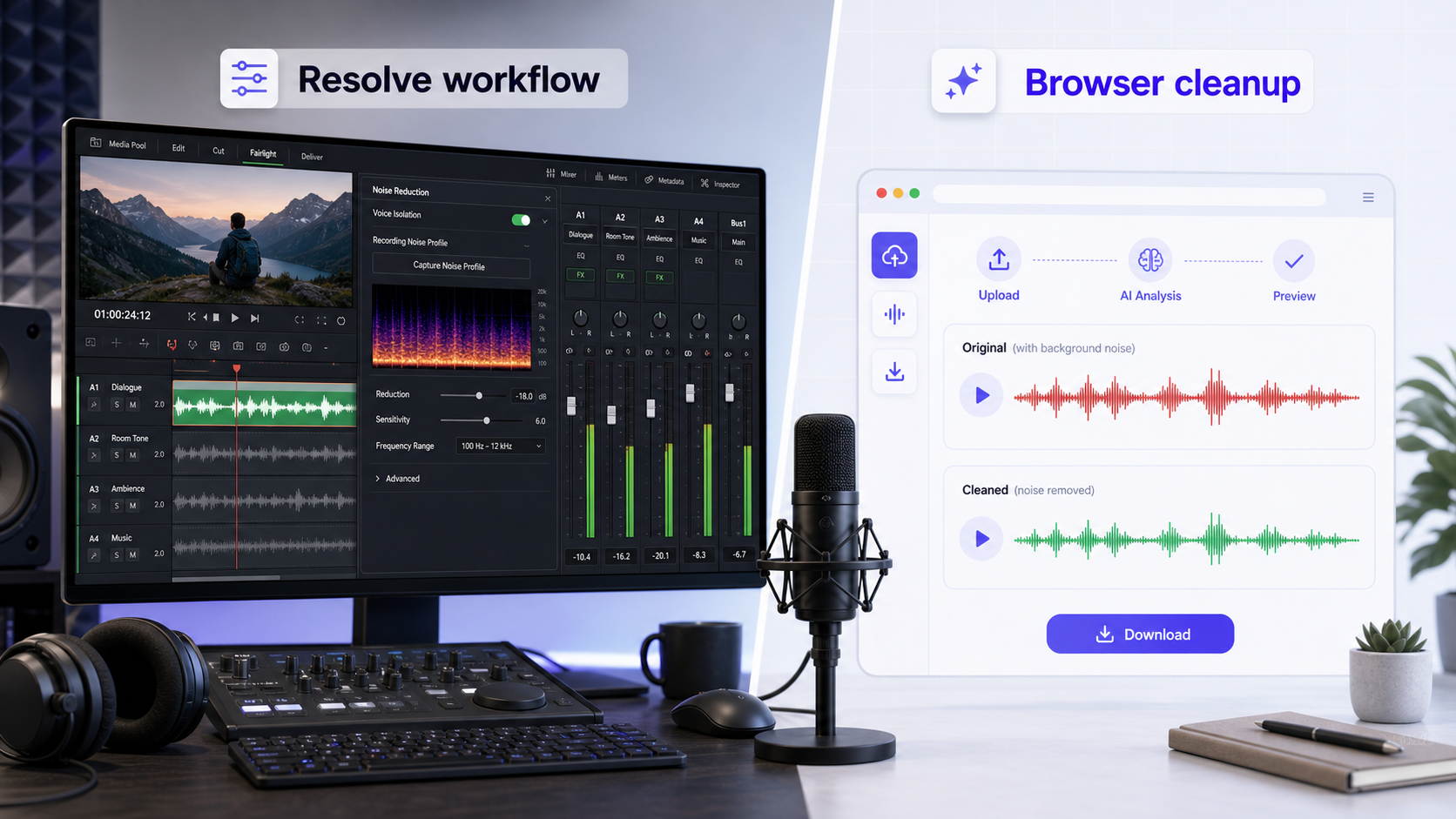 DaVinci Resolve Fairlight workflow compared with CleanAudio browser cleanup preview