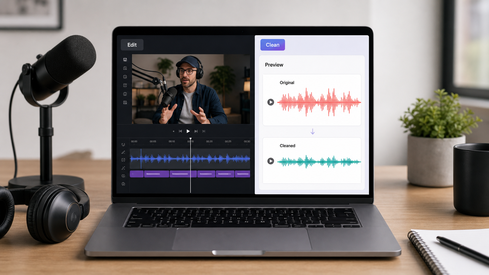 Editor timeline beside a browser cleanup preview with original and cleaned voice waveforms