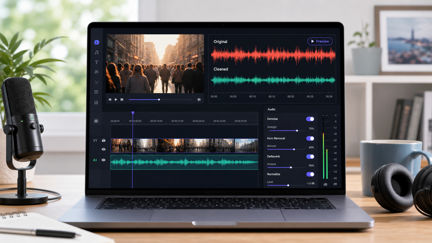 Generic video editor with audio denoise controls and original versus cleaned waveform preview