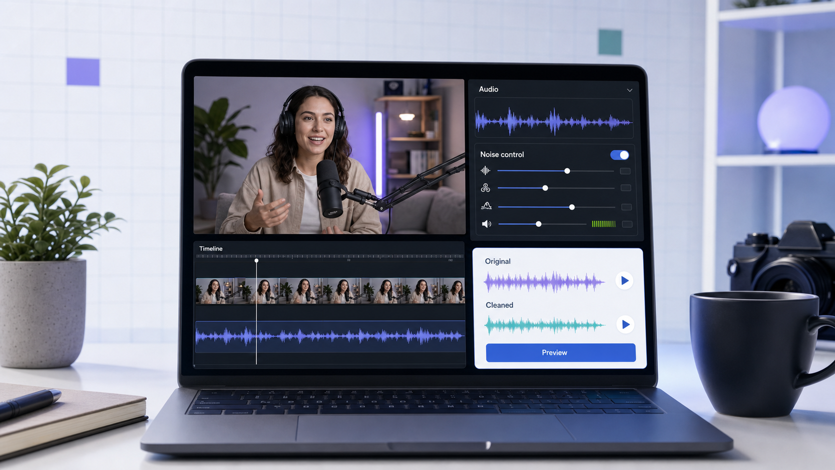 Video editor timeline with noise controls and a CleanAudio-style cleaned audio preview