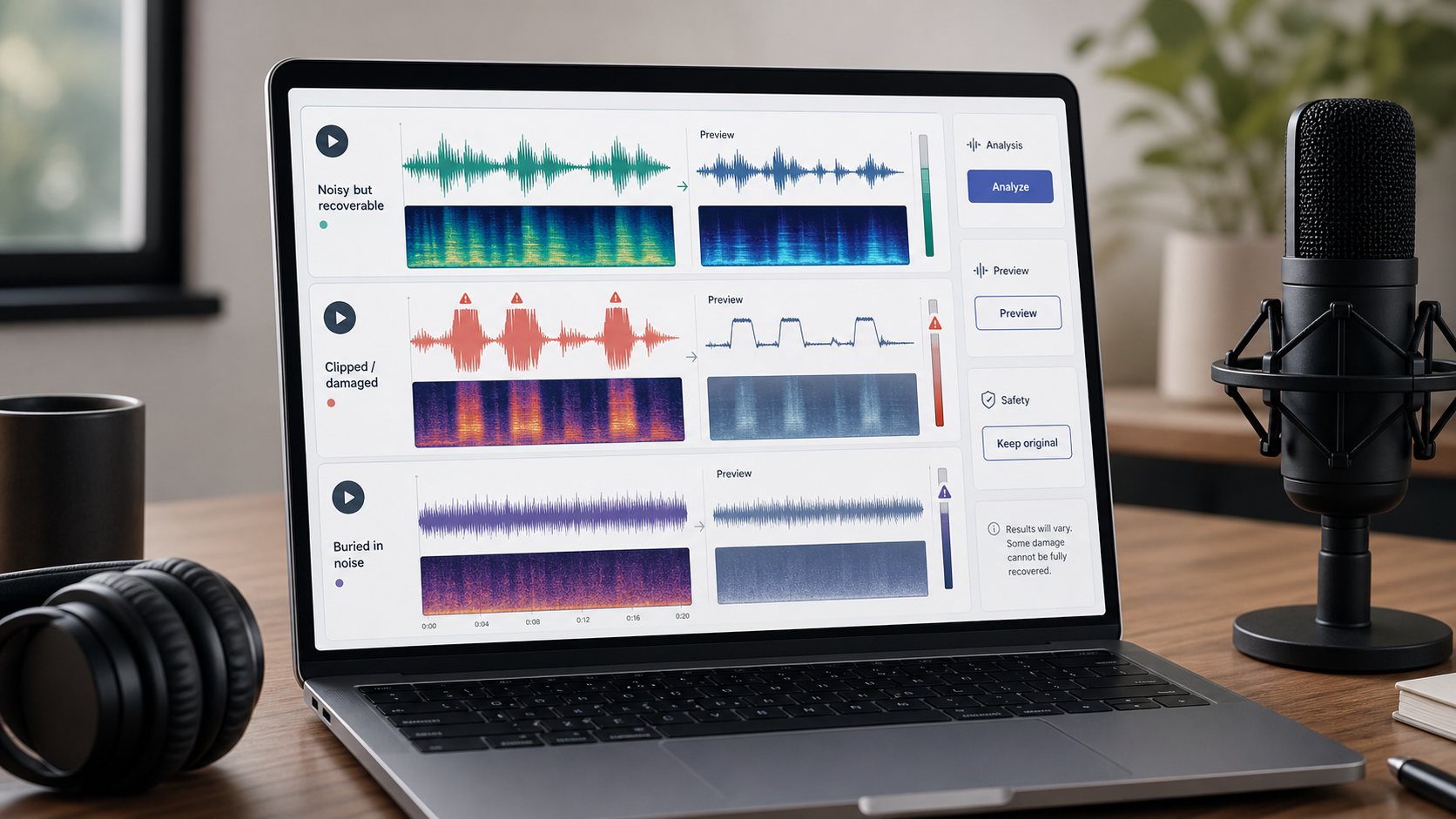 Audio review interface comparing recoverable noise, clipping, and buried speech