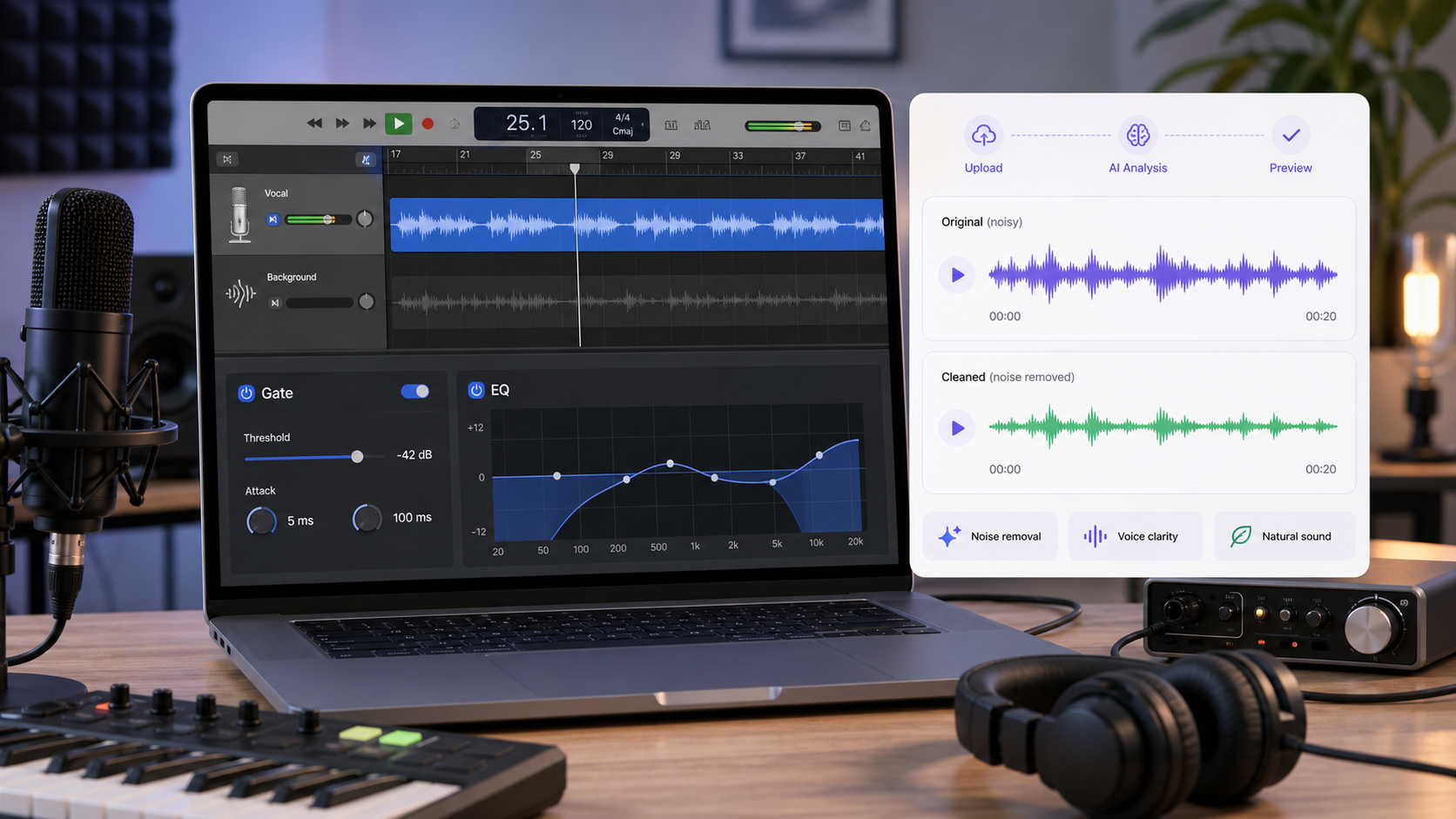 GarageBand-style noise gate workflow with CleanAudio cleanup preview