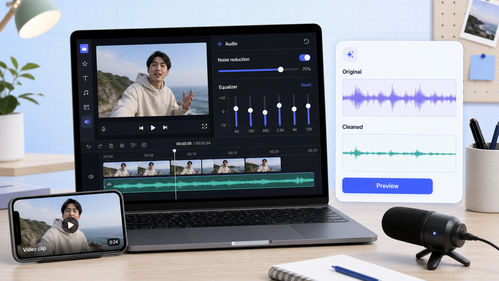 Simple video editor with noise reduction controls and a cleaned audio preview card
