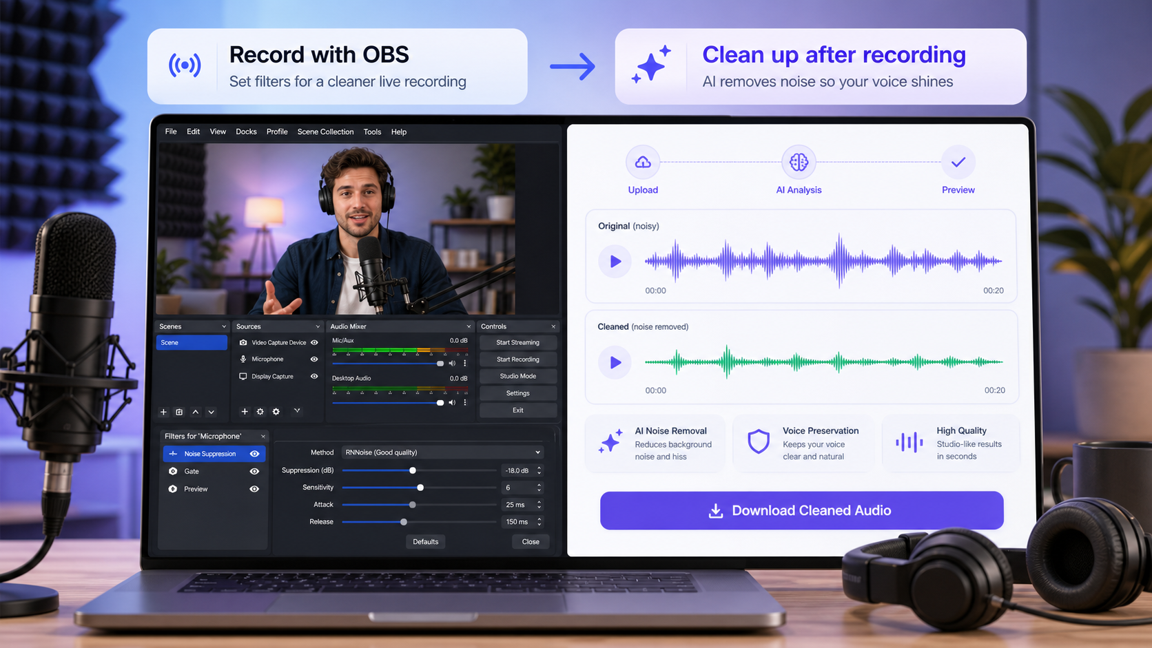 OBS recording workflow and CleanAudio post-recording cleanup preview