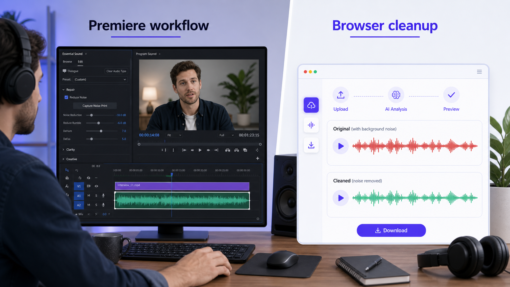 Premiere Pro audio repair workflow compared with CleanAudio browser cleanup preview