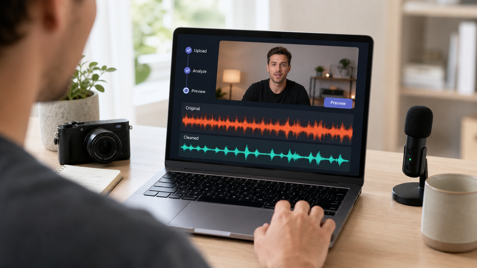 YouTube creator reviewing a source video with original and cleaned audio before upload