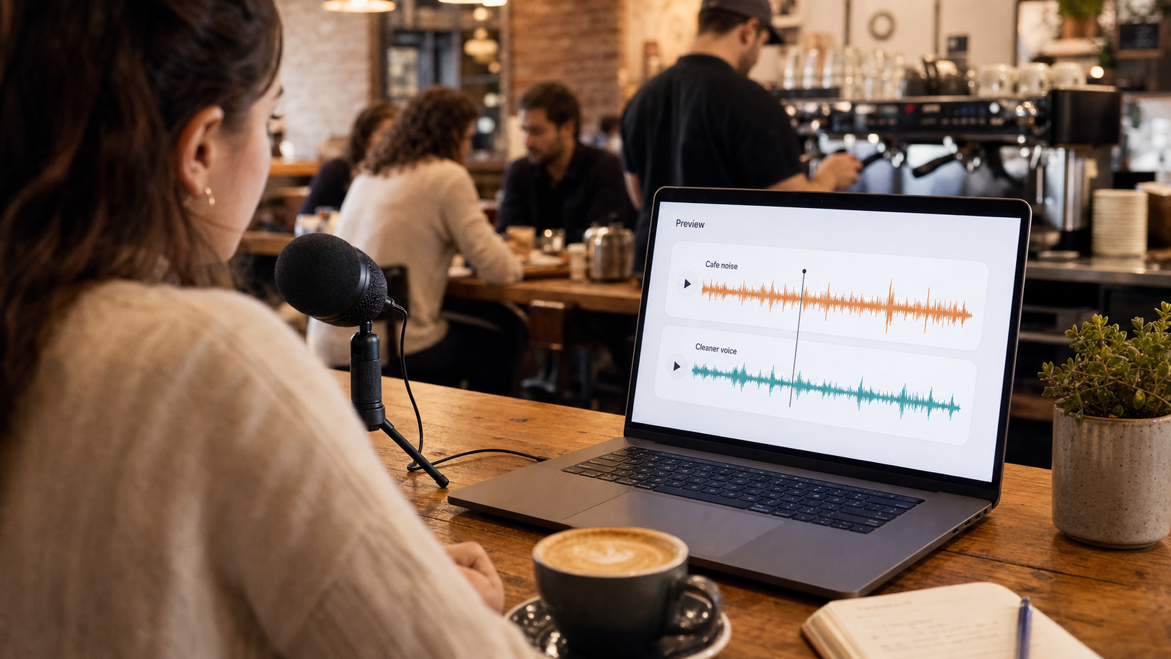 Cafe recording setup with noisy and cleaner voice waveform preview