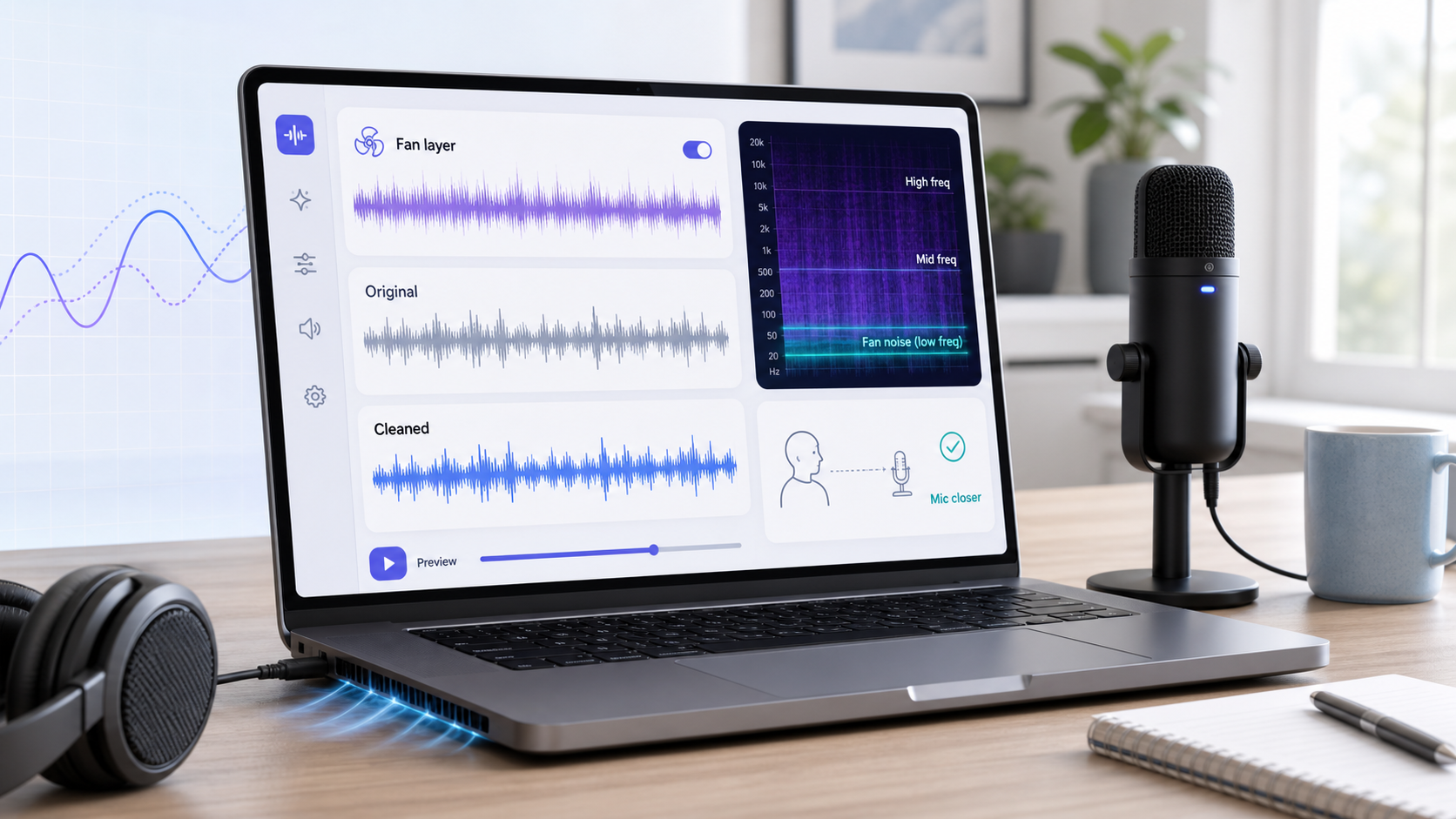 Laptop fan noise cleanup preview with fan layer detection, original audio, cleaned audio, and microphone placement note