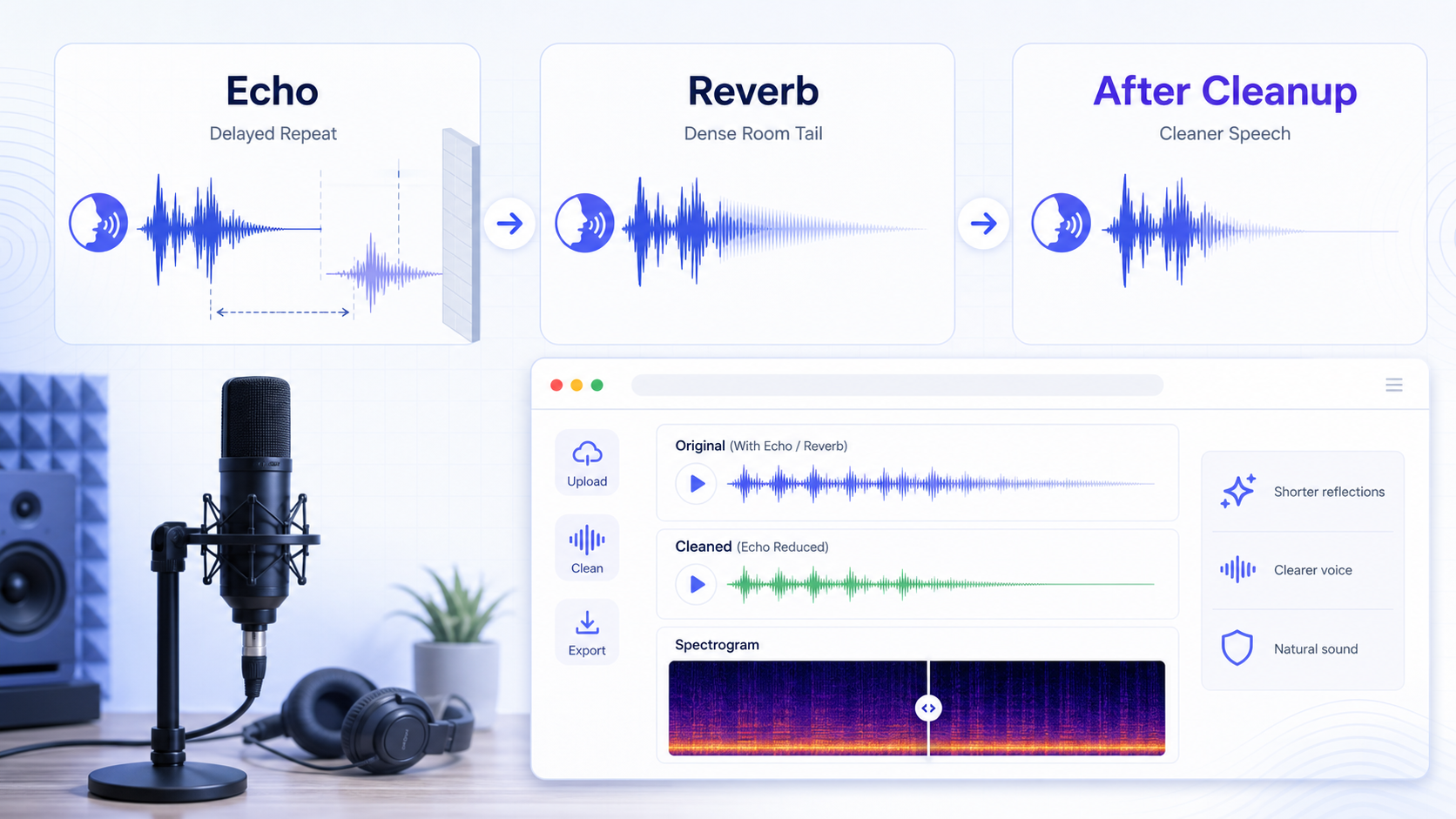 Echo cleanup graphic comparing delayed echo, dense reverb, and a cleaner speech preview