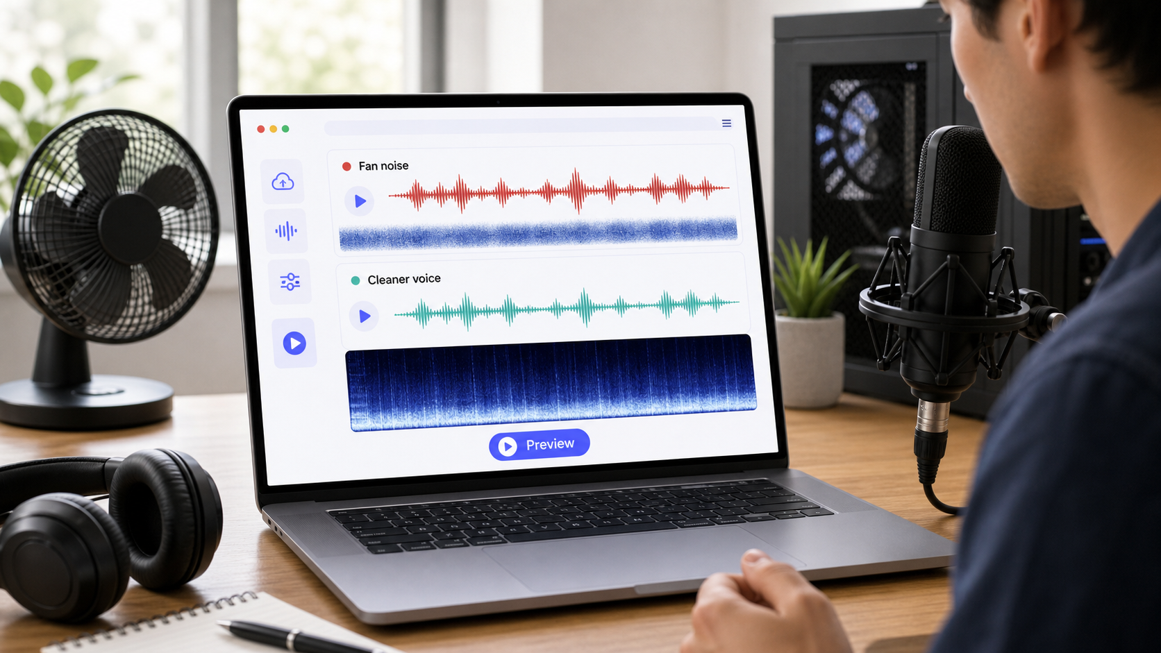 Fan noise cleanup preview showing broadband fan wash reduced while voice stays clear