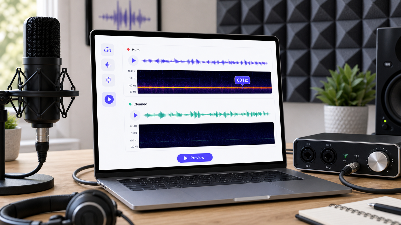 Audio hum cleanup preview showing a 60 Hz hum line reduced while voice remains clear