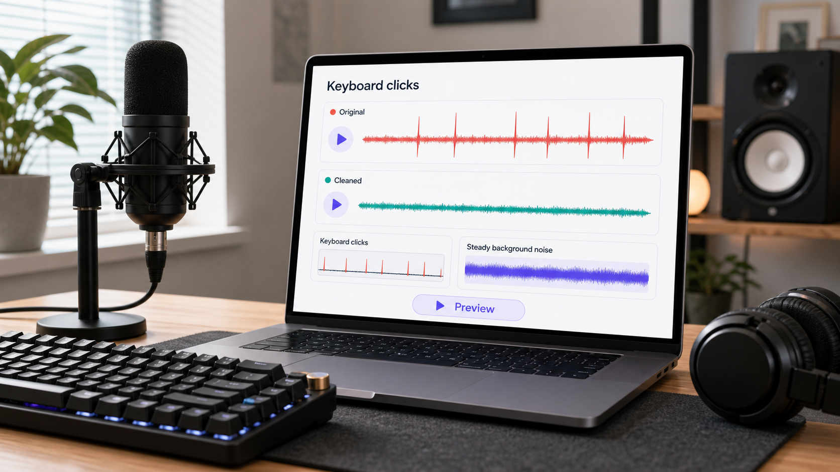 Keyboard noise cleanup workflow showing typing clicks reduced while speech stays clear