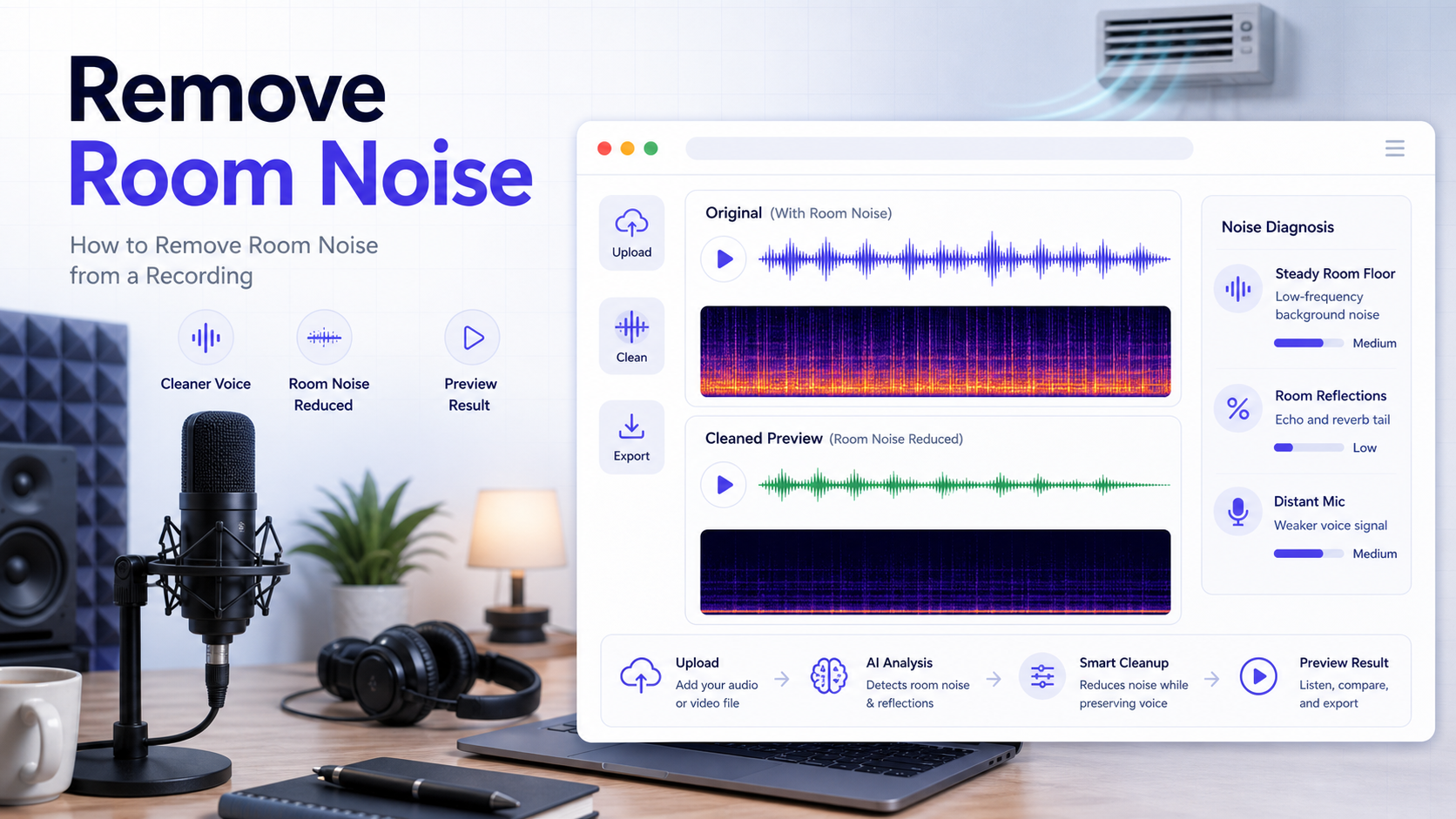 Room noise cleanup workflow showing steady room floor, reflections, distant mic capture, and a cleaner voice preview