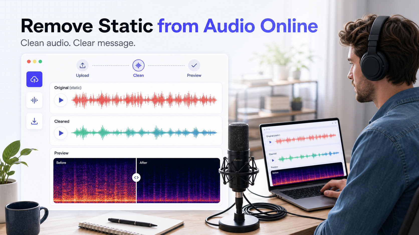 CleanAudio static removal preview with original and cleaned audio waveforms