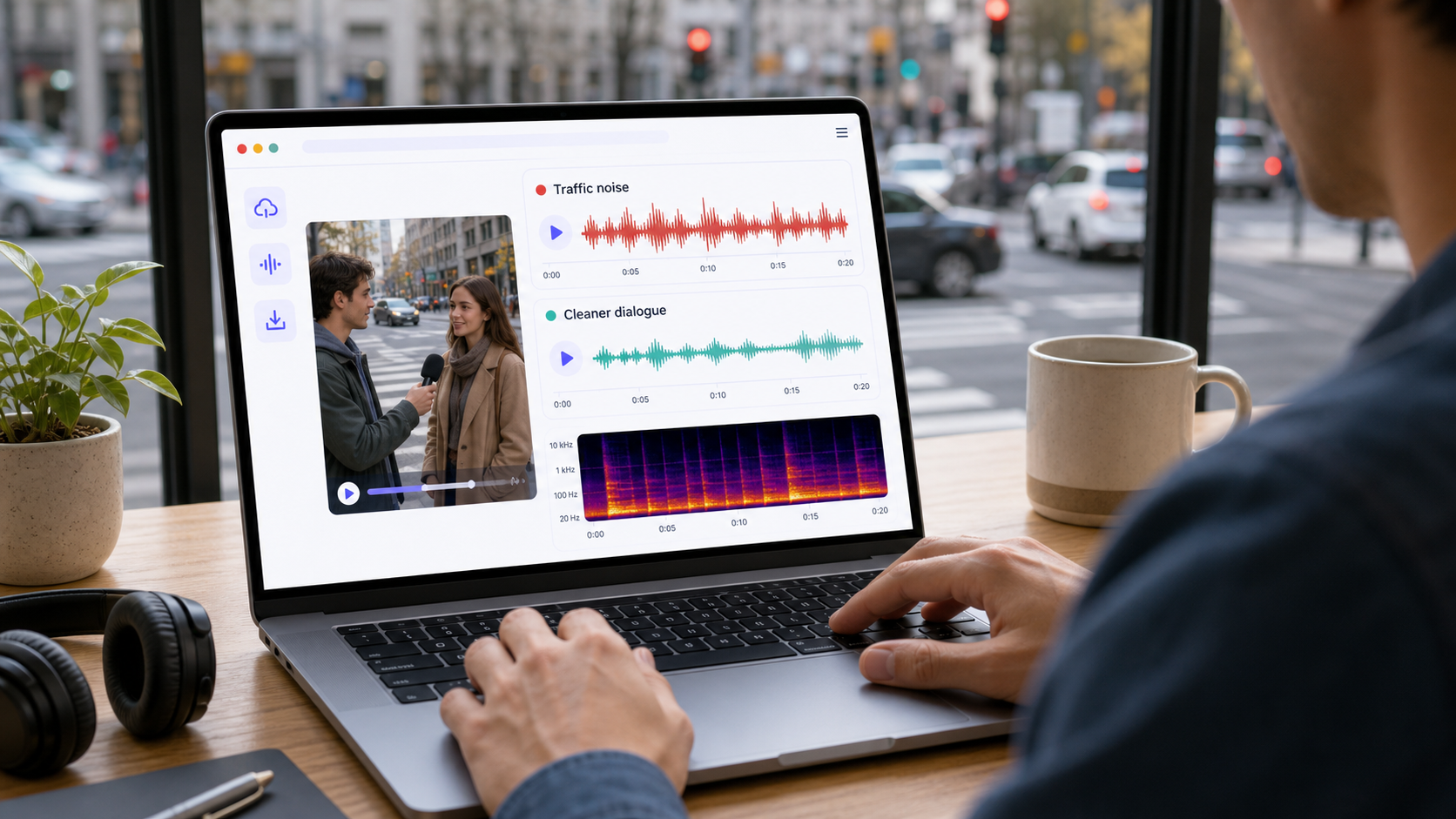 Traffic noise cleanup workflow showing street video audio becoming clearer for dialogue