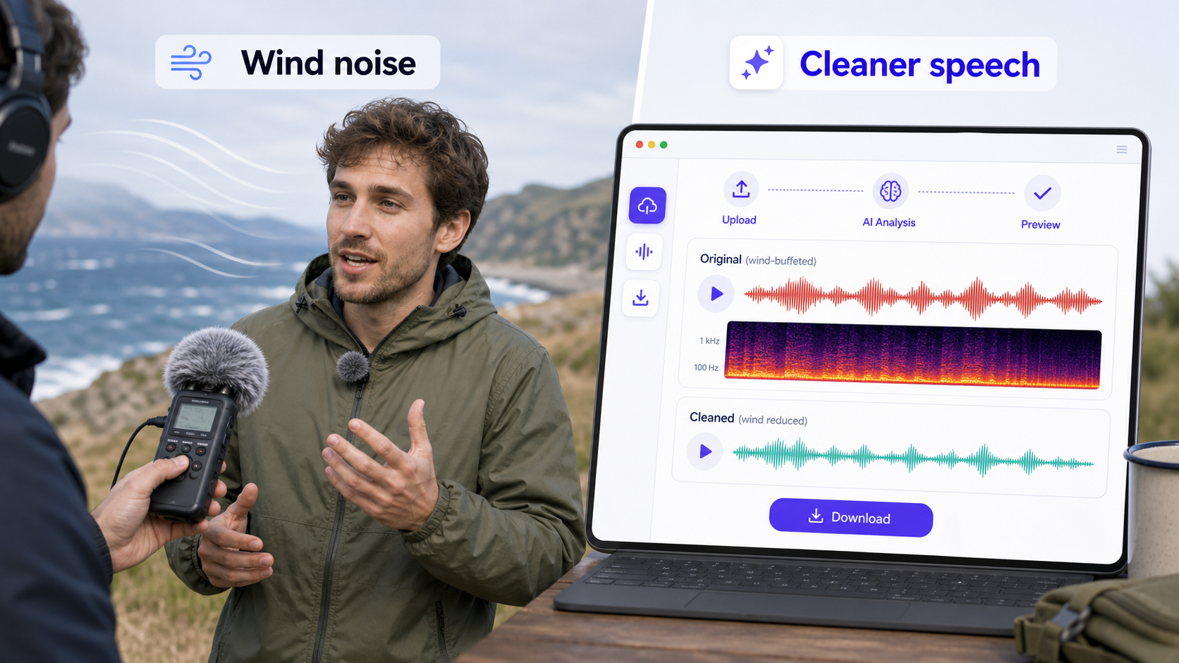 Outdoor audio recording with wind noise compared with cleaner speech preview