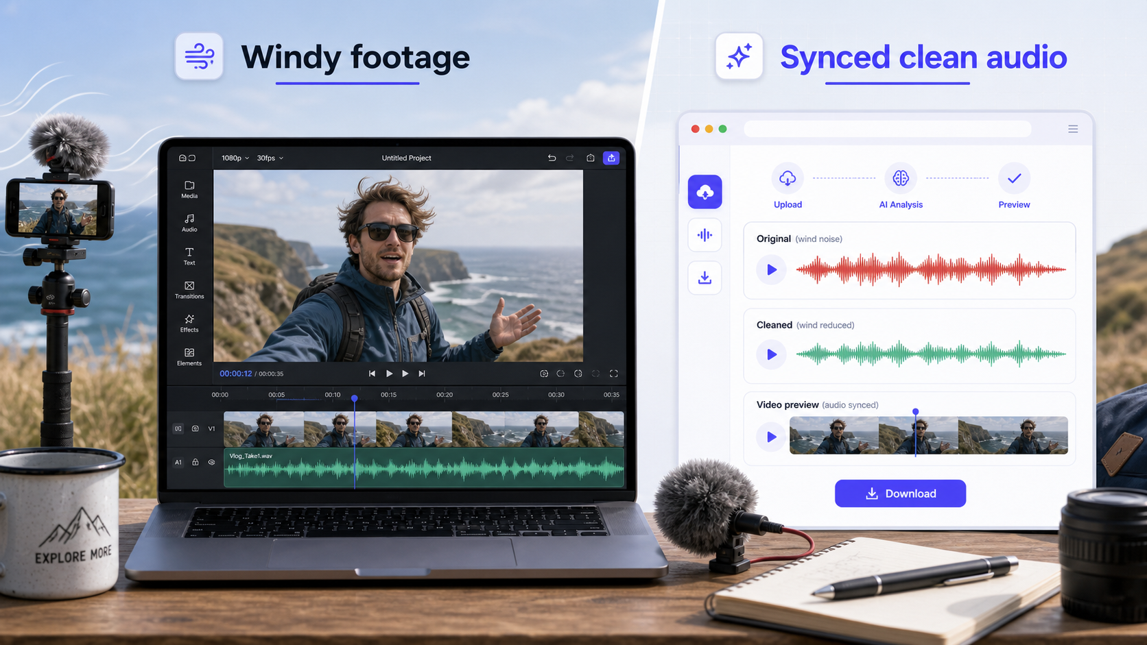 Windy video footage with original wind-heavy waveform and synced clean audio preview